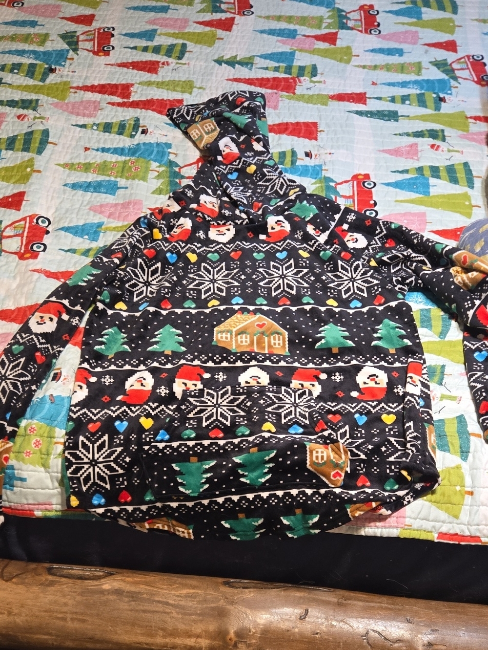 NOBO Black Holiday Hoodie with Santa, Trees & Gingerbread Motif